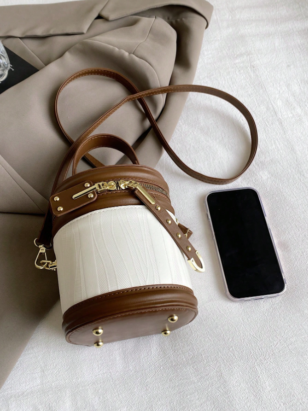Color Block Brown Bucket Bag – Mini PU Leather Cylinder Handbag with Top Handle & Zipper
