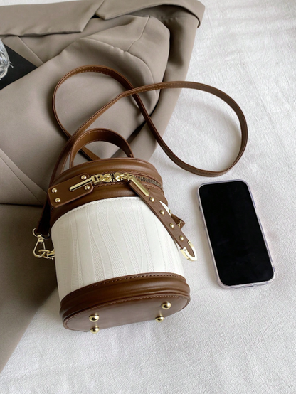 Color Block Brown Bucket Bag – Mini PU Leather Cylinder Handbag with Top Handle & Zipper