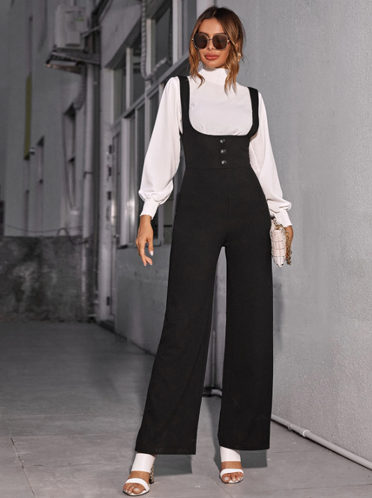 Black High Waist Wide Leg Suspender Jumpsuit for Women – Trendy & Elegant One-Piece