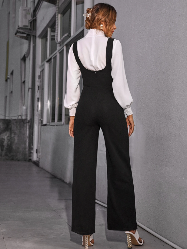 Black High Waist Wide Leg Suspender Jumpsuit for Women – Trendy & Elegant One-Piece