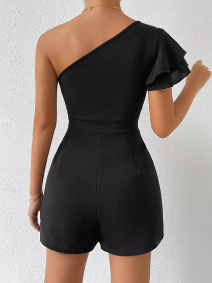 One-Shoulder Ruffle Romper for Women – Butterfly Sleeve, Zipper | Date Night & Party Outfit