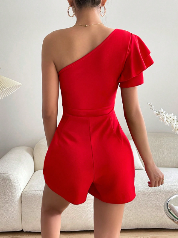 One-Shoulder Ruffle Romper for Women – Butterfly Sleeve, Zipper | Date Night & Party Outfit