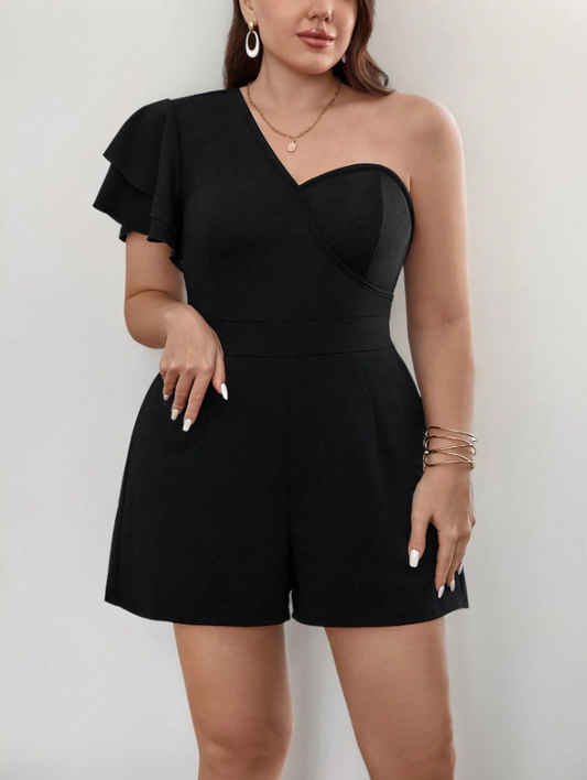 Plus Size One-Shoulder Ruffle Romper for Women – Black, Flounce Sleeve, Elegant Fit for Party & Casual Wear