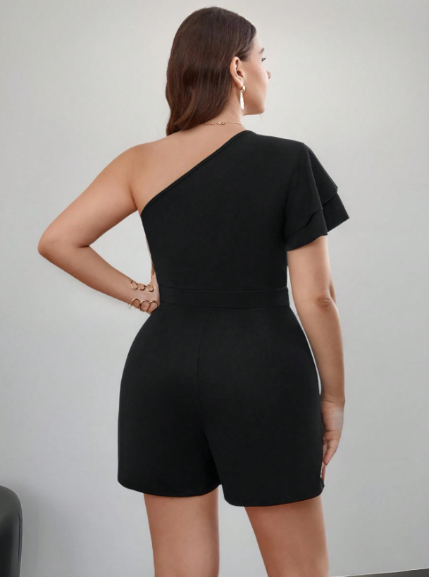 Plus Size One-Shoulder Ruffle Romper for Women – Black, Flounce Sleeve, Elegant Fit for Party & Casual Wear