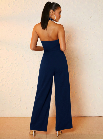 Halter Neck Wide Leg Jumpsuit for Women – Navy Blue, Sleeveless, Elegant Backless Knot Style