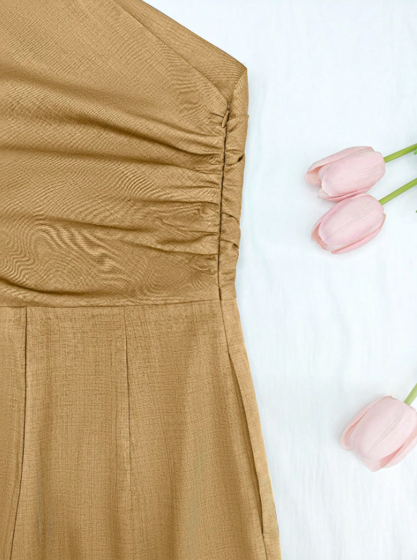 Elegant Asymmetric One-Shoulder Jumpsuit for Women – Sleeveless, High Waist, Ruched & Pleated