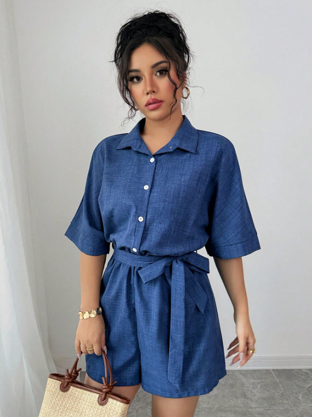 Loose Fit Faux Denim Belted Jumpsuit for Women – Short Sleeve, Shirt Collar, Button Front Style