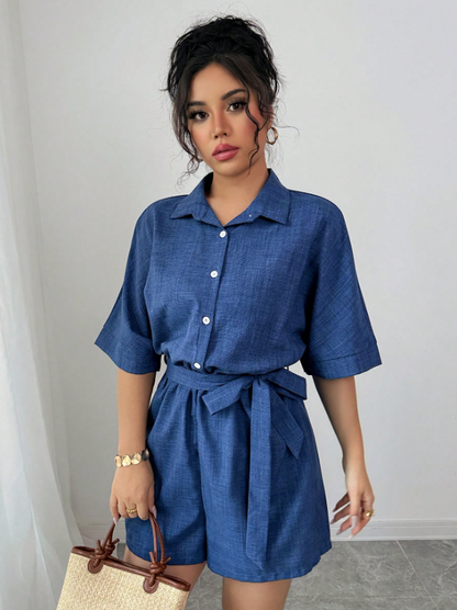 Loose Fit Faux Denim Belted Jumpsuit for Women – Short Sleeve, Shirt Collar, Button Front Style