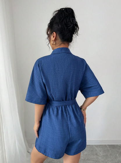 Loose Fit Faux Denim Belted Jumpsuit for Women – Short Sleeve, Shirt Collar, Button Front Style