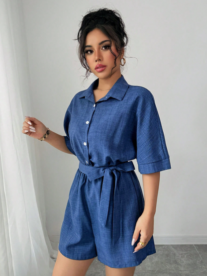 Loose Fit Faux Denim Belted Jumpsuit for Women – Short Sleeve, Shirt Collar, Button Front Style