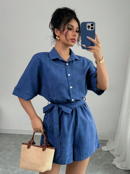 Loose Fit Faux Denim Belted Jumpsuit for Women – Short Sleeve, Shirt Collar, Button Front Style