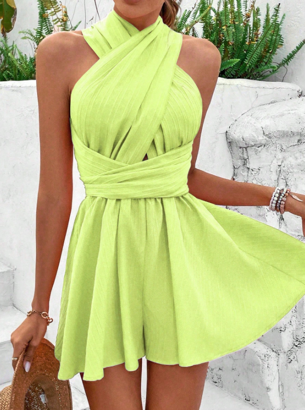 Fluorescent Green & Purple Criss-Cross Halter Romper – Sleeveless Backless Summer Jumpsuit