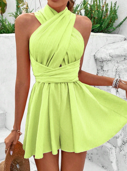 Fluorescent Green & Purple Criss-Cross Halter Romper – Sleeveless Backless Summer Jumpsuit