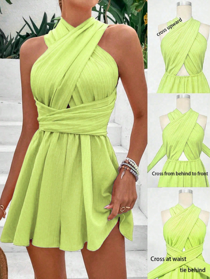 Fluorescent Green & Purple Criss-Cross Halter Romper – Sleeveless Backless Summer Jumpsuit