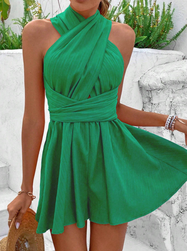 Fluorescent Green & Purple Criss-Cross Halter Romper – Sleeveless Backless Summer Jumpsuit