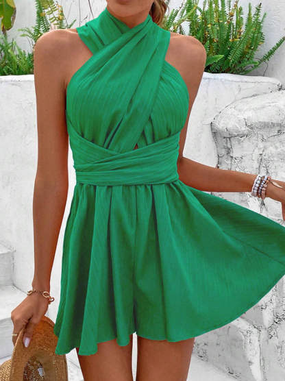 Fluorescent Green & Purple Criss-Cross Halter Romper – Sleeveless Backless Summer Jumpsuit