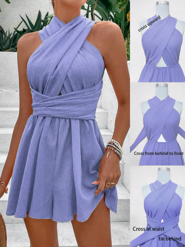 Fluorescent Green & Purple Criss-Cross Halter Romper – Sleeveless Backless Summer Jumpsuit