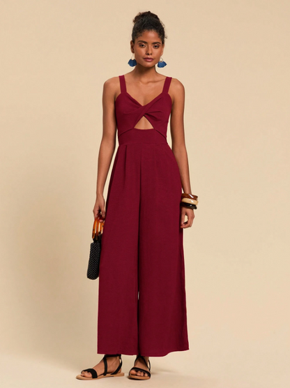 Cutout Wide Leg Jumpsuit for Women – Trendy Twisted Knot Sleeveless Partywear
