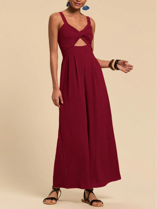 Cutout Wide Leg Jumpsuit for Women – Trendy Twisted Knot Sleeveless Partywear