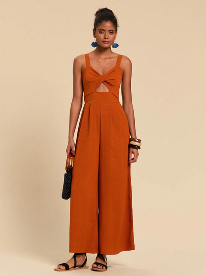 Cutout Wide Leg Jumpsuit for Women – Trendy Twisted Knot Sleeveless Partywear