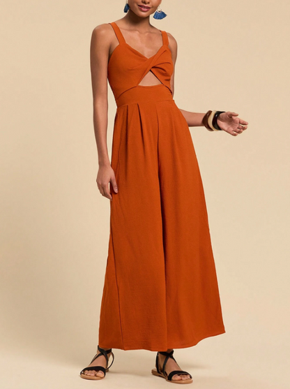 Cutout Wide Leg Jumpsuit for Women – Trendy Twisted Knot Sleeveless Partywear