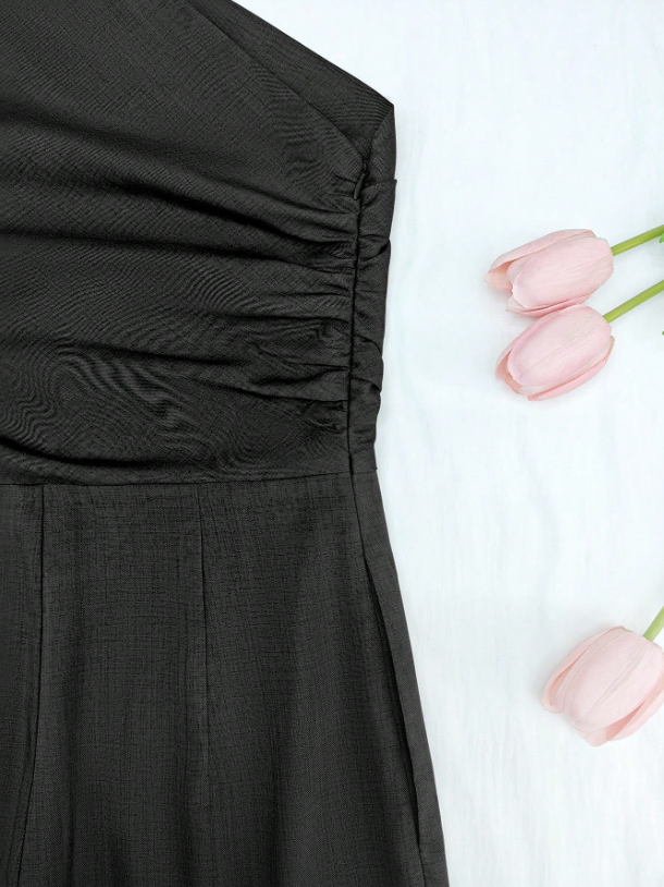 Elegant Asymmetric One-Shoulder Jumpsuit for Women – Sleeveless, High Waist, Ruched & Pleated
