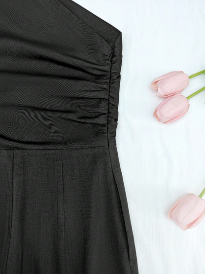 Elegant Asymmetric One-Shoulder Jumpsuit for Women – Sleeveless, High Waist, Ruched & Pleated