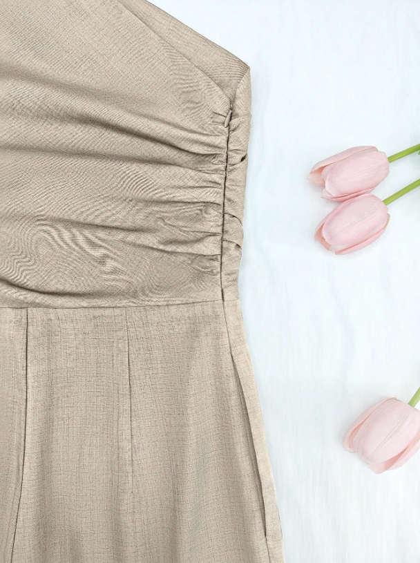 Elegant Asymmetric One-Shoulder Jumpsuit for Women – Sleeveless, High Waist, Ruched & Pleated