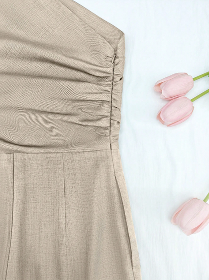 Elegant Asymmetric One-Shoulder Jumpsuit for Women – Sleeveless, High Waist, Ruched & Pleated