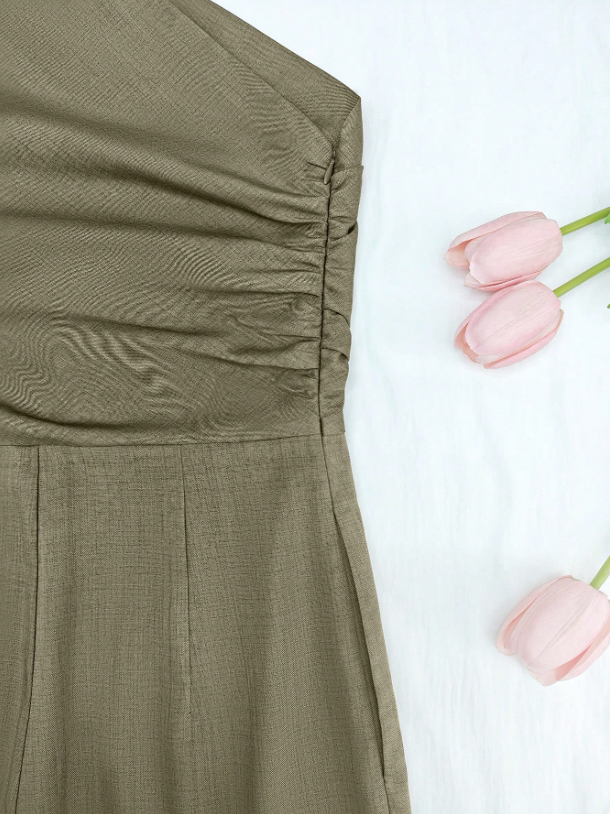 Elegant Asymmetric One-Shoulder Jumpsuit for Women – Sleeveless, High Waist, Ruched & Pleated