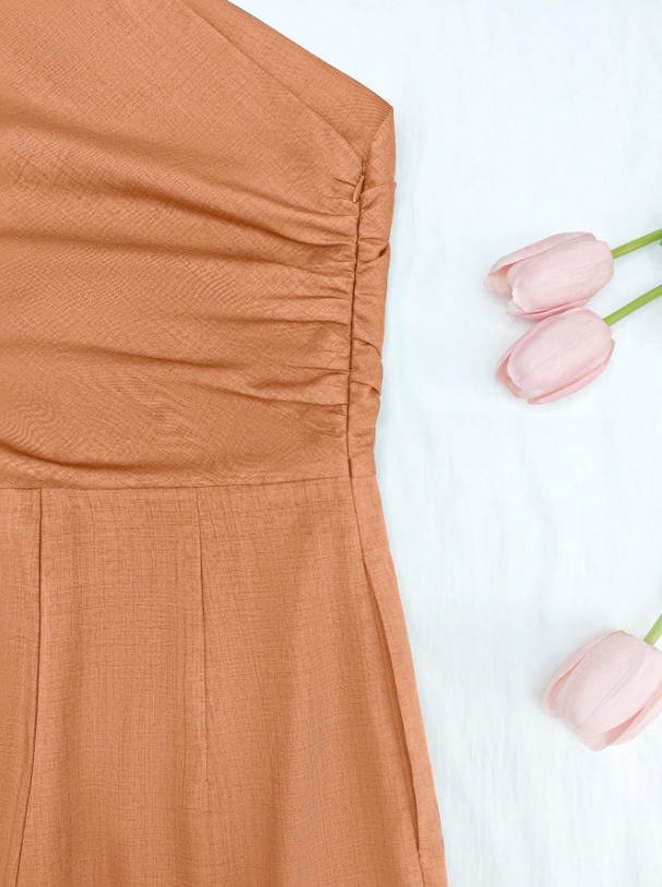 Elegant Asymmetric One-Shoulder Jumpsuit for Women – Sleeveless, High Waist, Ruched & Pleated