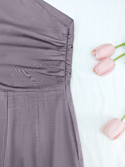 Elegant Asymmetric One-Shoulder Jumpsuit for Women – Sleeveless, High Waist, Ruched & Pleated