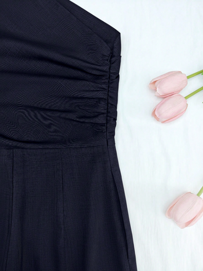Elegant Asymmetric One-Shoulder Jumpsuit for Women – Sleeveless, High Waist, Ruched & Pleated