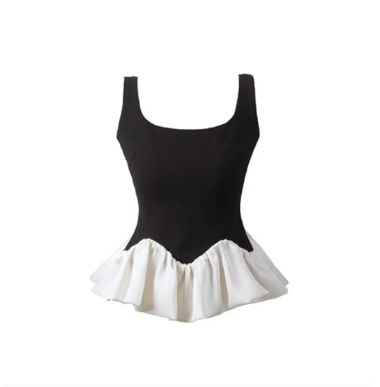 Black U-Neck Peplum Crop Top with Cream Ruffle Hem – Sleeveless Minimalist Aesthetic Tank