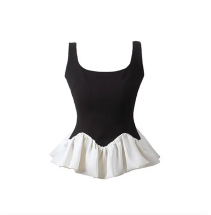 Black U-Neck Peplum Crop Top with Cream Ruffle Hem – Sleeveless Minimalist Aesthetic Tank