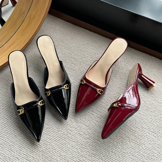 Chic Pointed Toe Stiletto Heels for Women – Glossy Cone Heels | Slip-On Leather Mules
