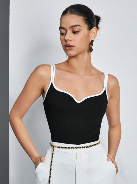 Sweetheart Neck Sleeveless Knit Cami Top for Women | Office to Party Ribbed Tank in Monochrome