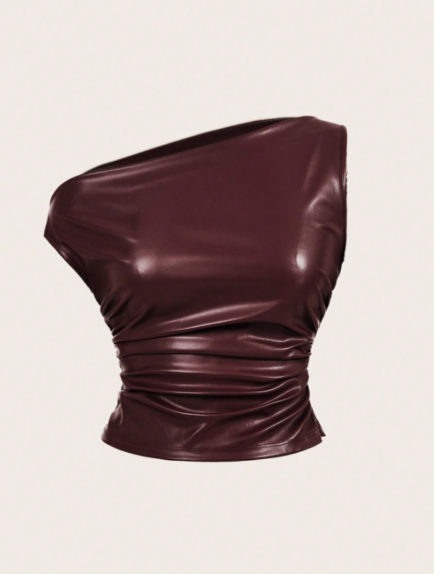 Leather Tank Top for Women | Ruched Sleeveless Going Out Top with Asymmetrical Neck