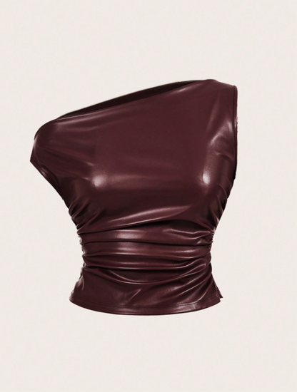 Leather Tank Top for Women | Ruched Sleeveless Going Out Top with Asymmetrical Neck