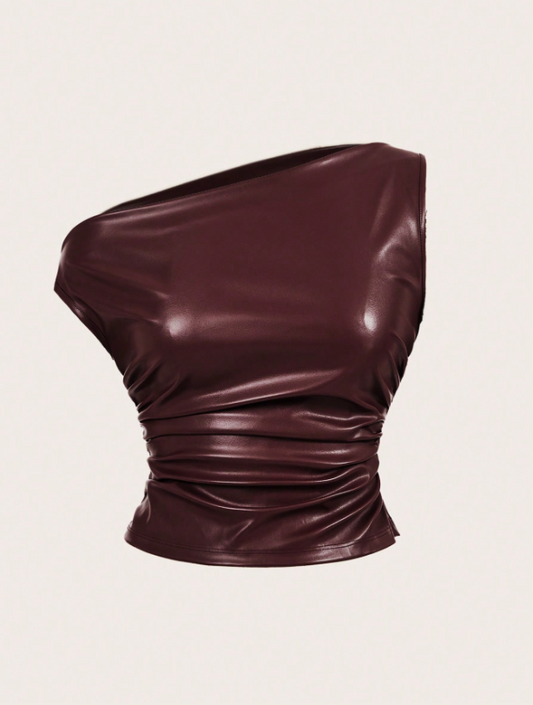 Leather Tank Top for Women | Ruched Sleeveless Going Out Top with Asymmetrical Neck