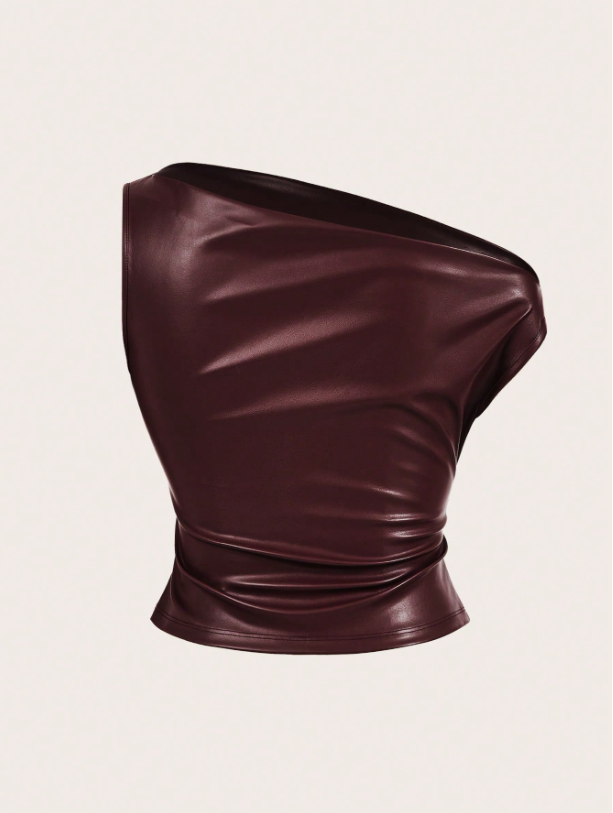 Leather Tank Top for Women | Ruched Sleeveless Going Out Top with Asymmetrical Neck