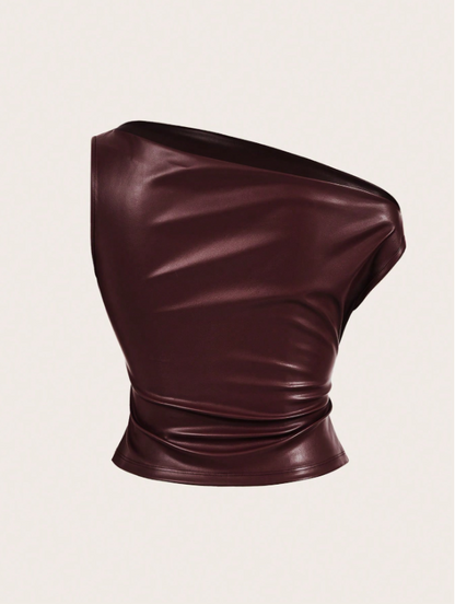 Leather Tank Top for Women | Ruched Sleeveless Going Out Top with Asymmetrical Neck