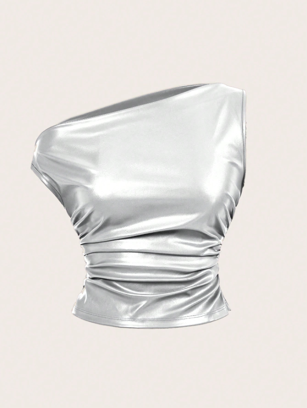 Leather Tank Top for Women | Ruched Sleeveless Going Out Top with Asymmetrical Neck