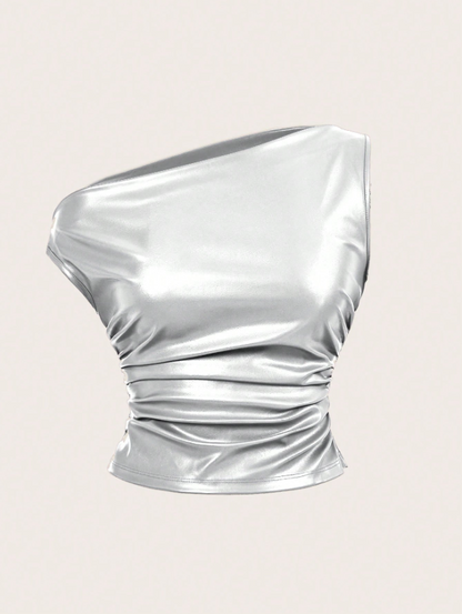 Leather Tank Top for Women | Ruched Sleeveless Going Out Top with Asymmetrical Neck