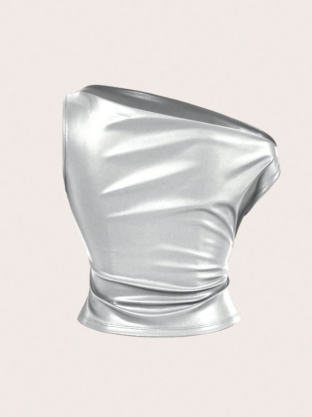 Leather Tank Top for Women | Ruched Sleeveless Going Out Top with Asymmetrical Neck