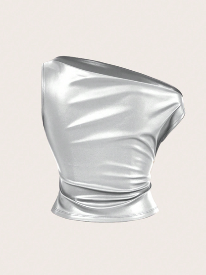 Leather Tank Top for Women | Ruched Sleeveless Going Out Top with Asymmetrical Neck