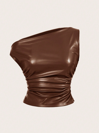 Leather Tank Top for Women | Ruched Sleeveless Going Out Top with Asymmetrical Neck