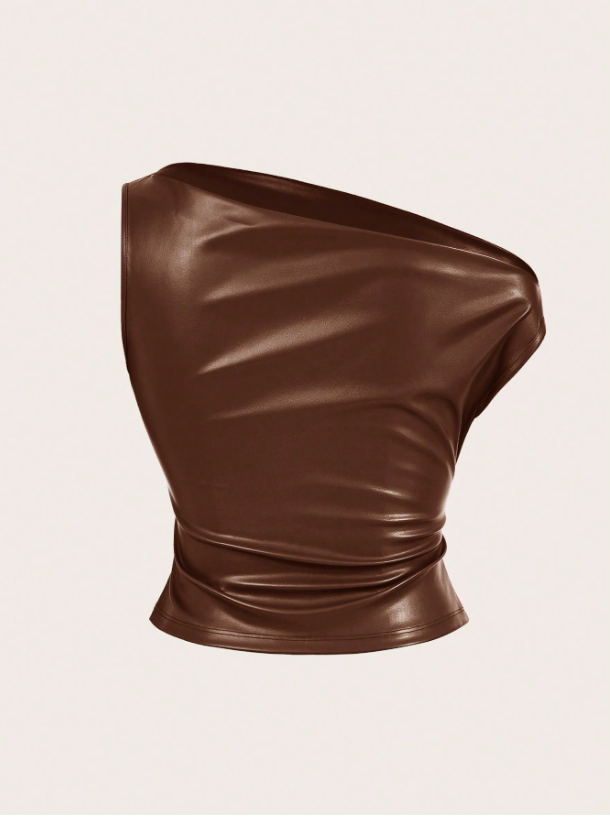 Leather Tank Top for Women | Ruched Sleeveless Going Out Top with Asymmetrical Neck