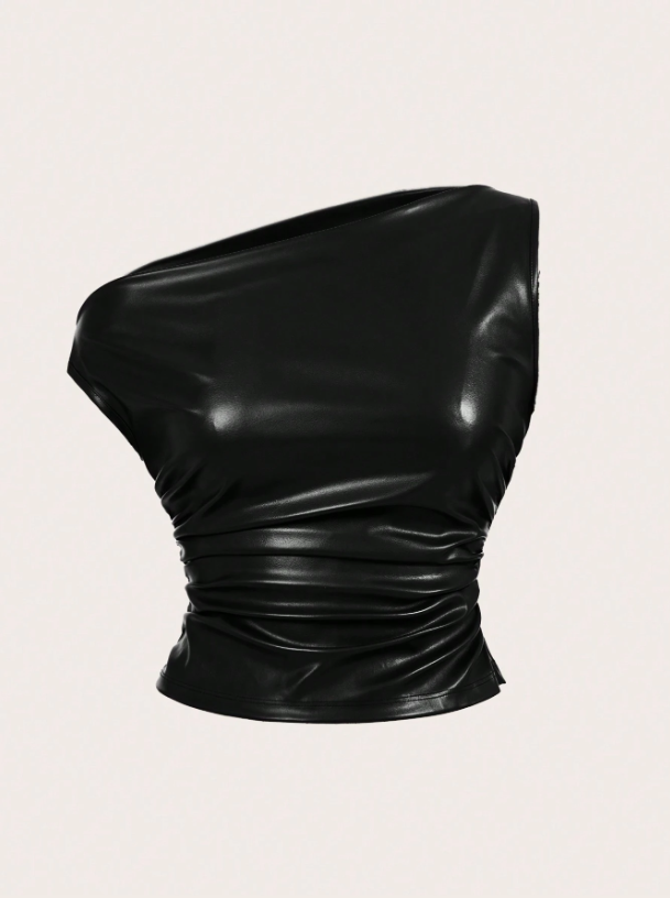 Leather Tank Top for Women | Ruched Sleeveless Going Out Top with Asymmetrical Neck