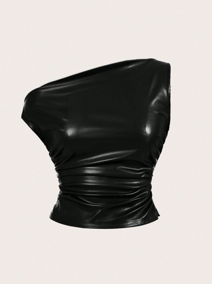 Leather Tank Top for Women | Ruched Sleeveless Going Out Top with Asymmetrical Neck